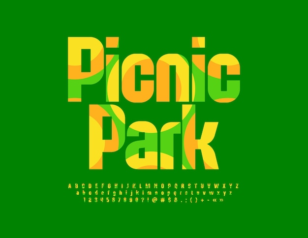 Vector green banner Picnic Park. Creative Alphabet Letters, Numbers and Symbols set