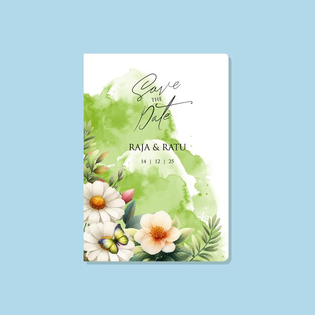 Vector vector green floral wedding invitation template with watercolor background