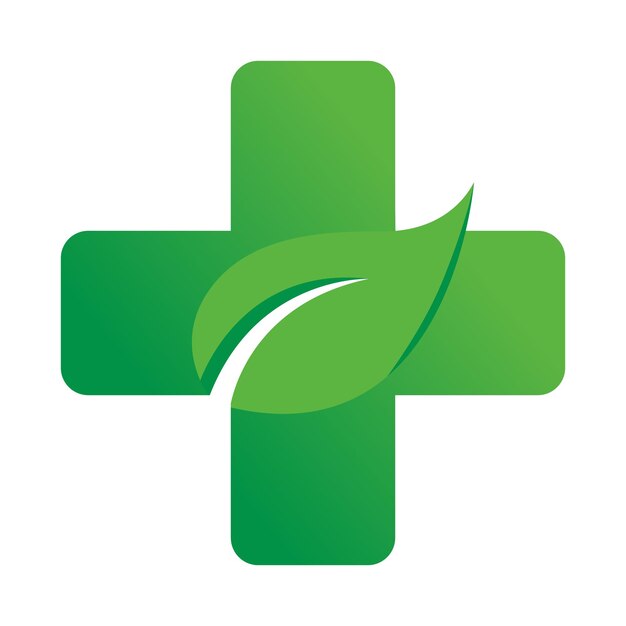 Vettore logo vettoriale a foglia combinata croce medica verde per programmi di farmacia naturale, erboristeria e assistenza sanitaria,