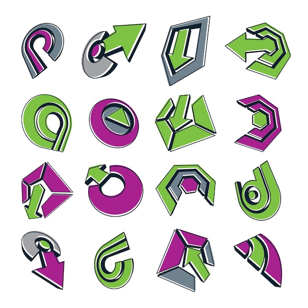 Коллекция векторных зеленых мультимедийных знаков выделена на белом фоне. 3d красочные абстрактные элементы дизайна, могут быть использованы в веб-дизайне и графическом дизайне, а также в качестве маркетинговых символов.