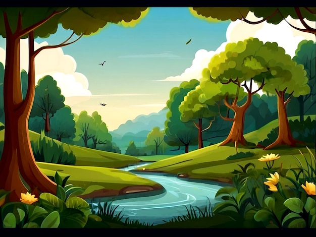 Vector Green nature scene in cartoon style isolated