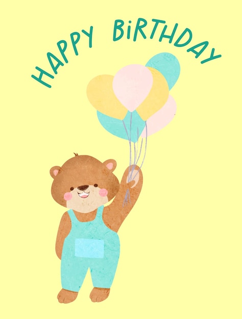 Vector greeting card happy birthday cute little bear with balloons colorful postcard invitation