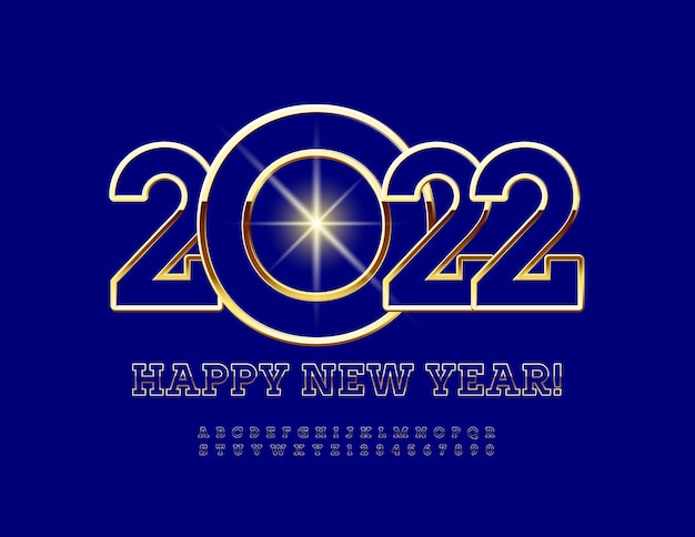 ベクトルグリーティングカード明けましておめでとうございます2022年青と金のアルファベットの文字と数字プレミアムフォント