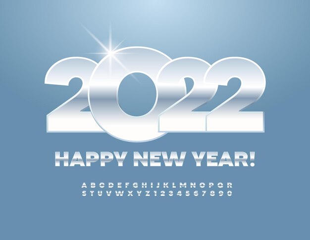 Vector greeting card Happy New Year 2022 Bold silver Font Shiny Alphabet Letters and Numbers set