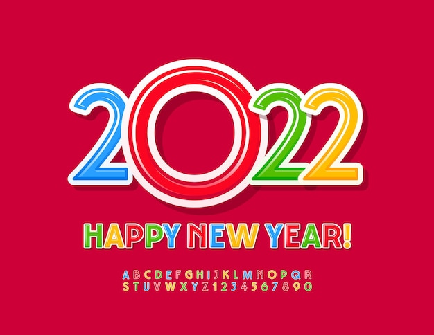 Vector greeting card happy new year 2022 colorful kids font bright alphabet letters and numbers