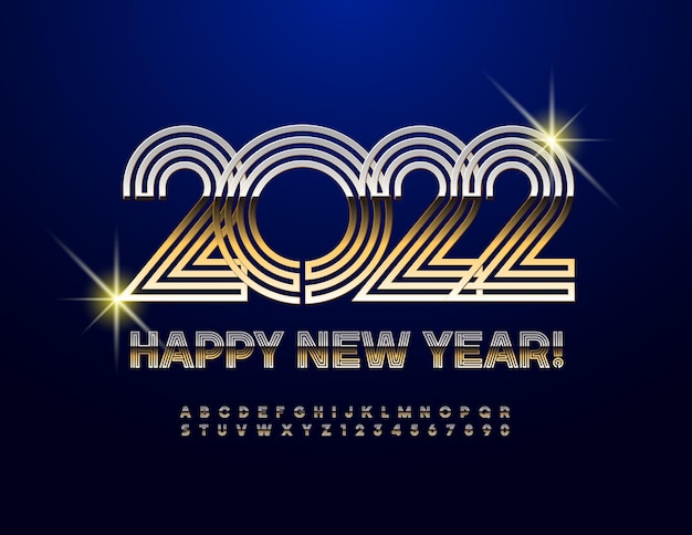 Vector greeting card happy new year 2022 metallic maze font gold alphabet letters and numbers