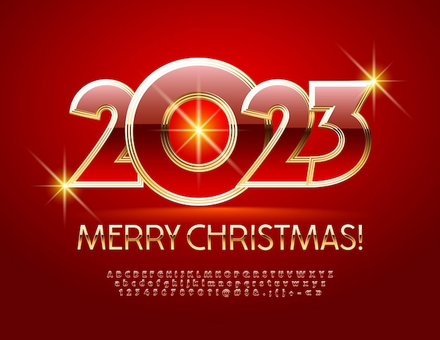 Vector Greeting Card Merry Christmas 2023! Luxury Red and Golden Font. Bright Alphabet Letters