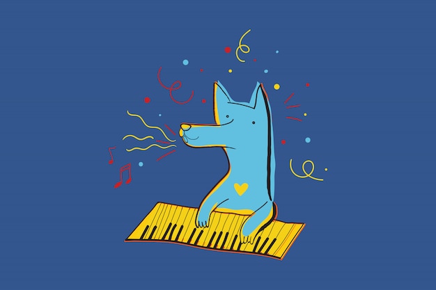 Vector vector greeting card for the party with dog playing piano