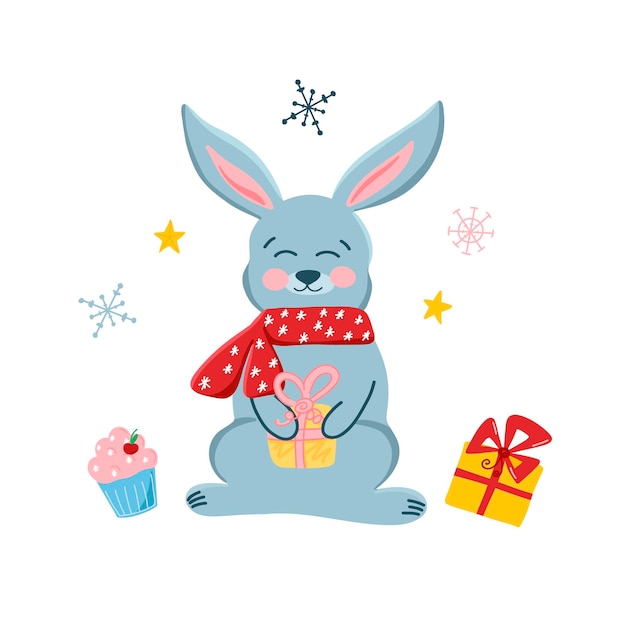 Vector greeting card template with cute christmas bunny in cartoon style gifts and cakes