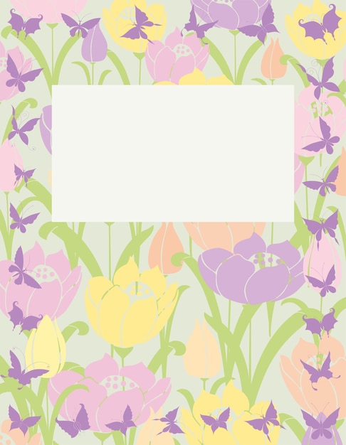 Vector greeting card with colorful tulips and frame from
silhouettes butterflies