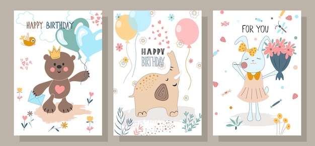 Vector greeting card with cute animals in a simple design teddy bear elephant bunny balloons perfect