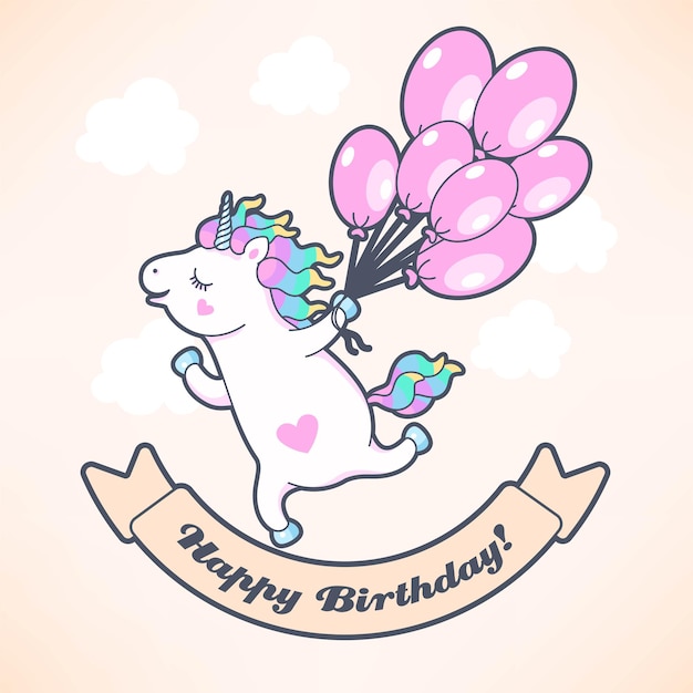 Vettore biglietto di auguri vettoriale con unicorno carino e palloncini