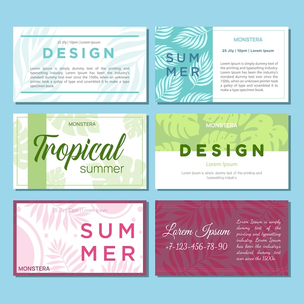 Vector greeting card with tropical plants for a holiday or a party. A set of thematic business cards.