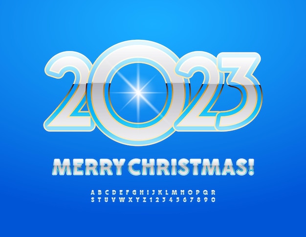 Vector Greeting Merry Christmas 2023! Stylish white Font. Elegant Alphabet Letters and Numbers