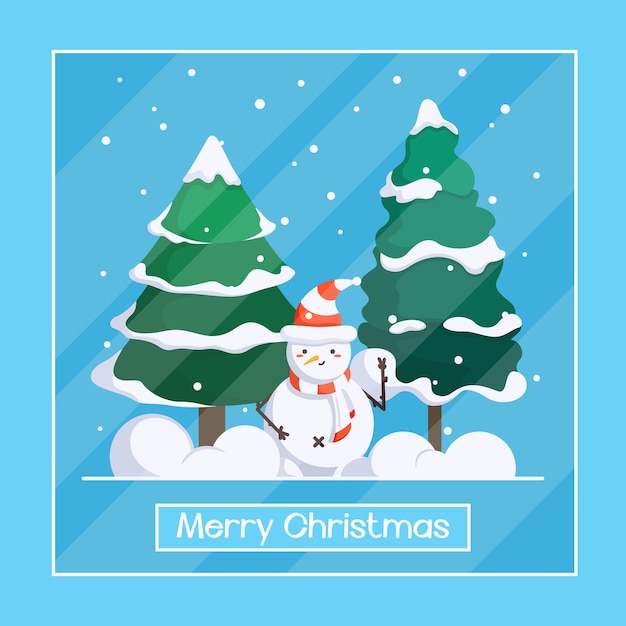 Векторная поздравительная открытка. С милым снеговиком и елочками. Красочная иллюстрация. Рождество.