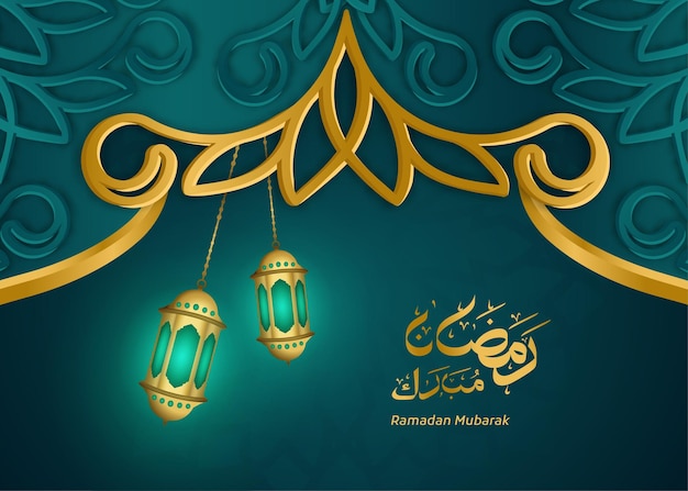 Vector greeting ramadan mubarak with decorative ornaments and Islamic calligraphy in shades of green and gold