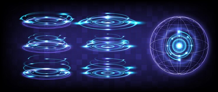 Vector vector groot bestand scifi hightech podium collectie in gloeiende hud hologram portal werveling van wetenschap futuristische magic warp poort in spel fantasie cirkel teleport podium neon rond bol