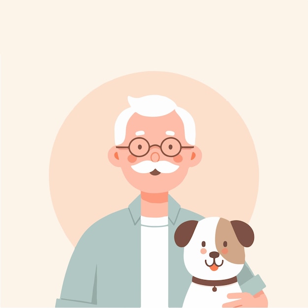 Vector grootvader is blij met zijn hond.