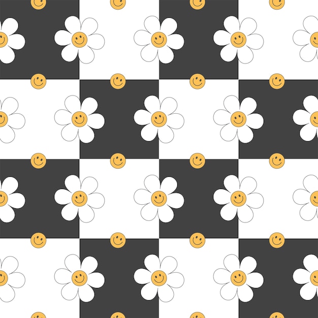 Vector vector groovy seamless pattern with funny happy daisy. trendy daisy smile black and white checkered