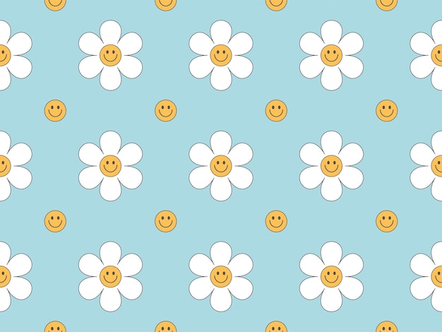 Vector groovy seamless pattern with funny happy daisy. trendy daisy smile light blue color pastel