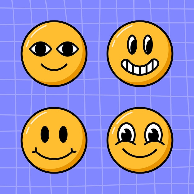 Vector groovy smile faces collection cartoon emoji set in 80s style on checkered violet backdrop