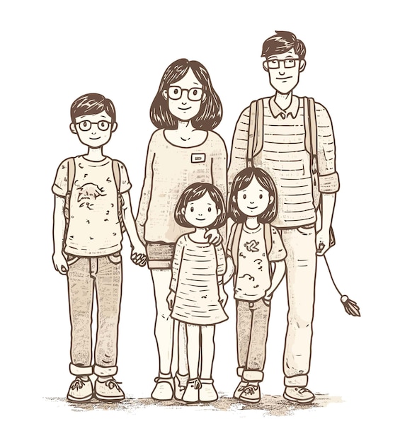 Vector a group of happy family illustration sketch hand drawn