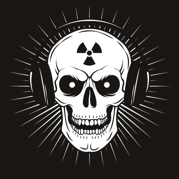 Vector grunge human skull with headphones and radiation sign