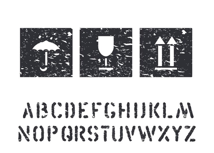 Vector vector grunge rubber box signs and cargo alphabet for logistics, cargo. glass, umbrella, arrow standard black icons isolated