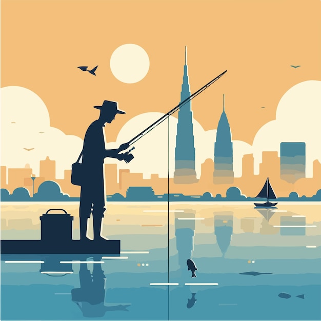 Вектор Векторный парень ловит рыбу