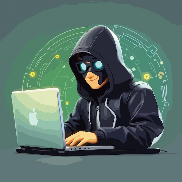 Vector hacker die een laptop gebruikt cartoon icoon illustratie technologie icoon concept geïsoleerde flat