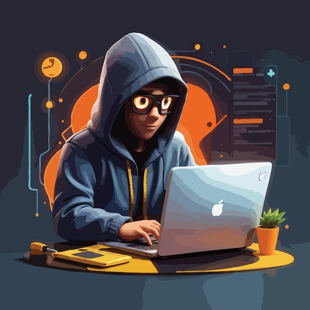 vector hacker operating a laptop cartoon icon illustration technology icon concept isolated flat