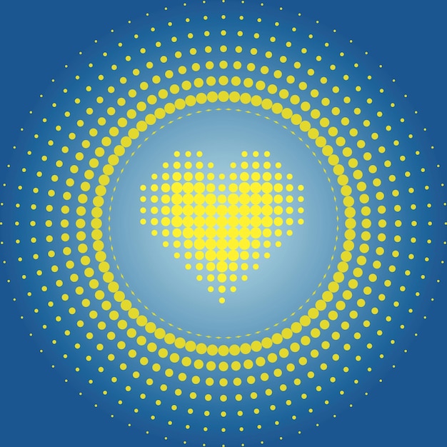 Vector halftone dots in a circle with a heart in the center yellow and blue