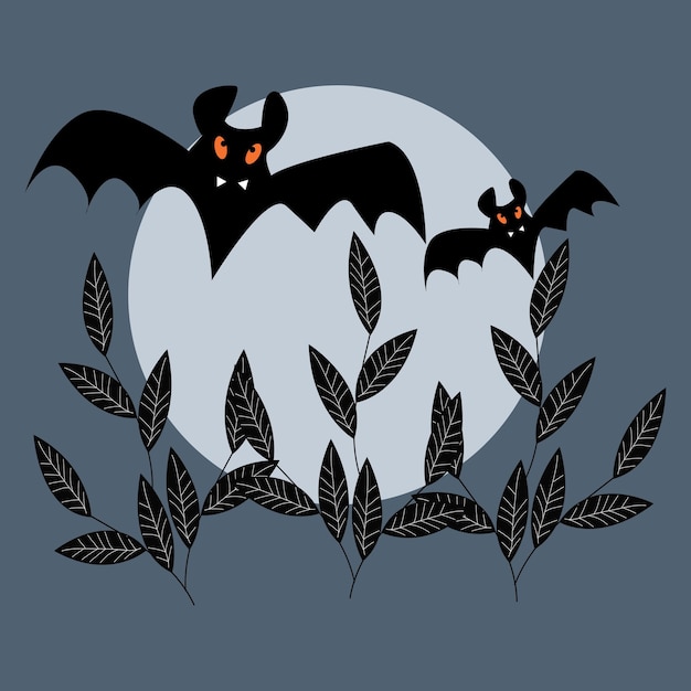 Vector Halloween background with illustration of flying bats over moon.