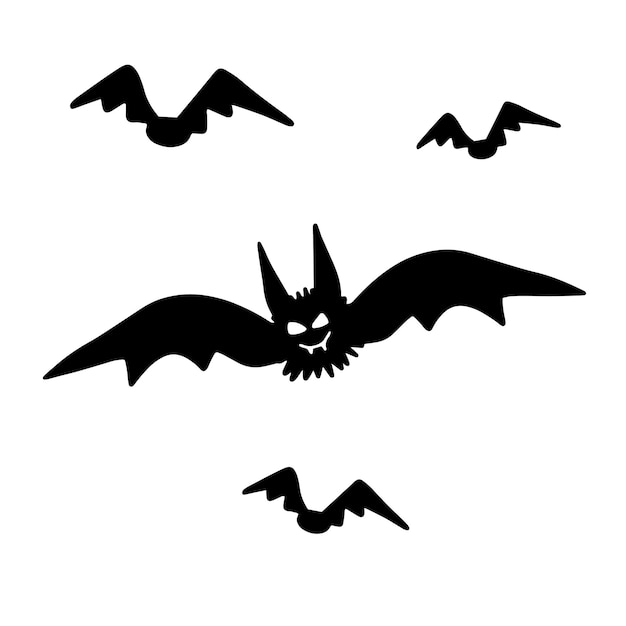 Vector halloween pipistrelli neri disegnati in siluetta di stile piatto del fumetto illustrazione carina divertente per design stagionale decorazione tessile bambini sala giochi o biglietto di auguri stampe disegnate a mano e doodle