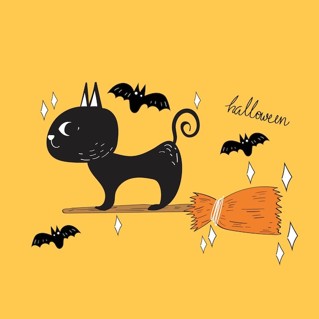 Vettore vettore di halloween gatto nero e pipistrello doodle.