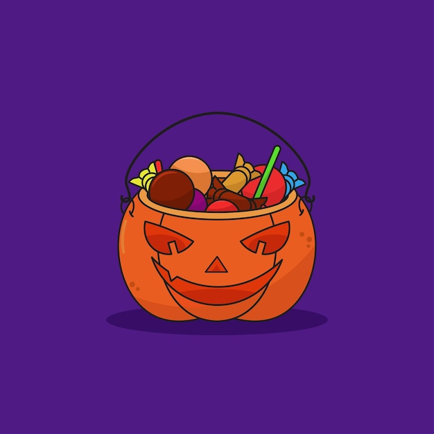 Vector halloween candy in a scary pumpkin basket