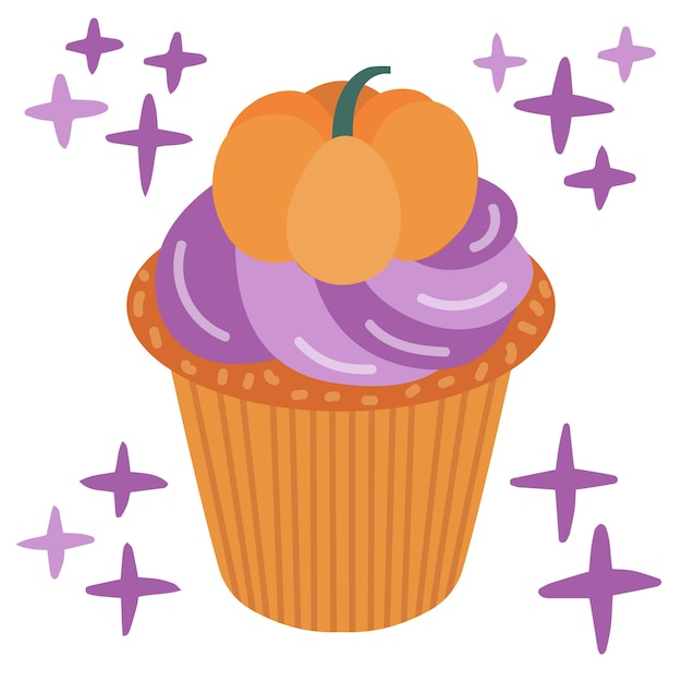 Vector Halloween cupcake with pumpkin Cartoon Halloween muffin isolated