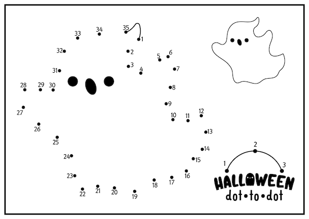 ベクトル ハロウィーン ドットドットとかわいいかわいいゴーストとのカラー アクティビティ 秋の休日、面白い幽霊と子供のためのドット ゲームを接続します。 すべての聖人の日の子供のためのぬりえページ 印刷可能なワークシート