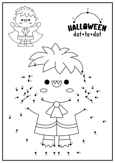 Vector halloween dottodot and color activity with cute kawaii vampire autumn holiday connect the dots game for children all saints day coloring page for kids printable worksheet