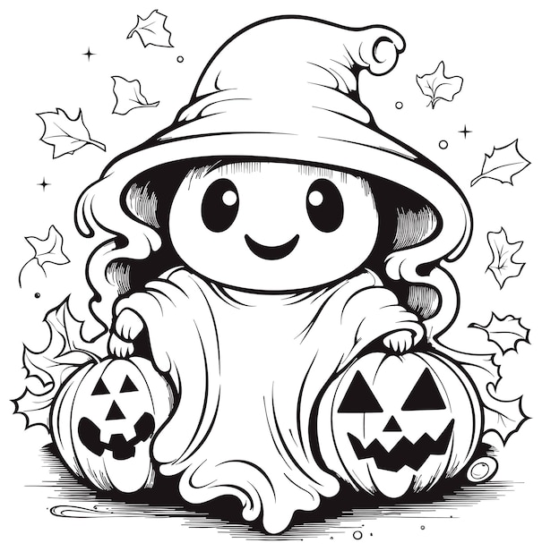 Vettore di halloween fantasma contorno illustrazione in bianco e nero colorazione