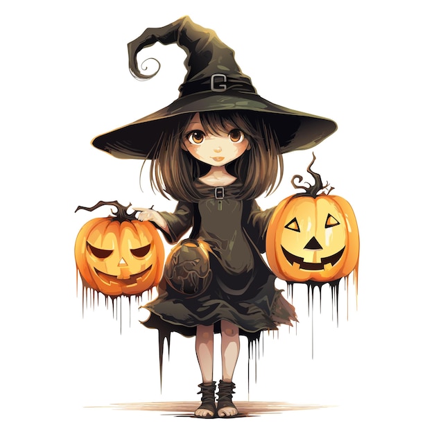 vector halloween girl with pumpkins a witch with hat a magician girl with jack o lantern vector illustration on white background