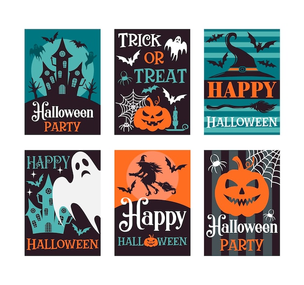 Vector Halloween greeting card Halloween party Vector collection with pumpkins castle ghost