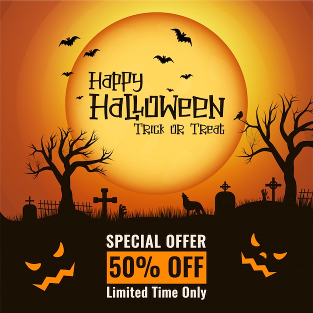 Vector Halloween greeting  sale banner with full moon, gravestones and two trees on a graveyard.