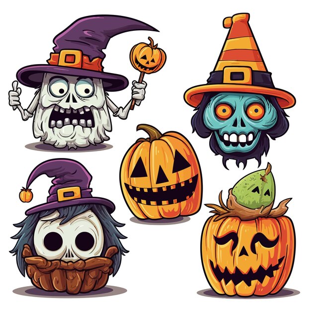 Vector halloween greetings pumpkin characters collection set