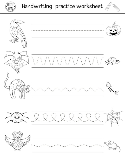Рабочий лист практики рукописного ввода хэллоуина вектора. черно-белая распечатка для детей дошкольного возраста. обучающая игра для развития навыков письма со страшными животными