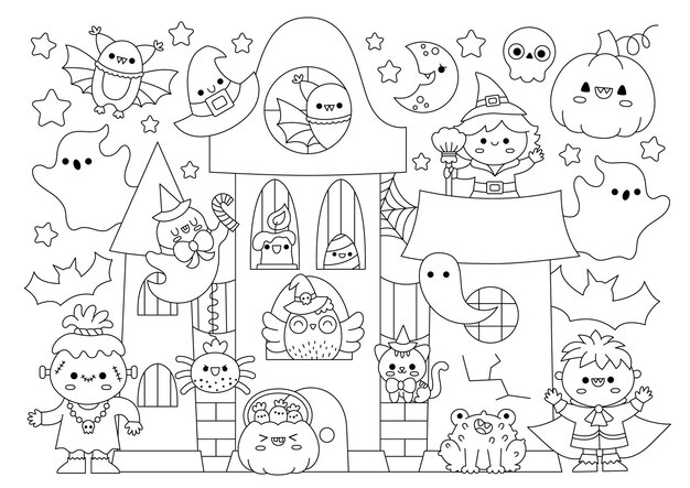 Vettore pagina da colorare vettoriale a linea orizzontale di halloween per bambini con simpatici personaggi kawaii illustrazione delle vacanze autunnali in bianco e nero con zucca fantasma vampiro strega divertente poster di ricerca