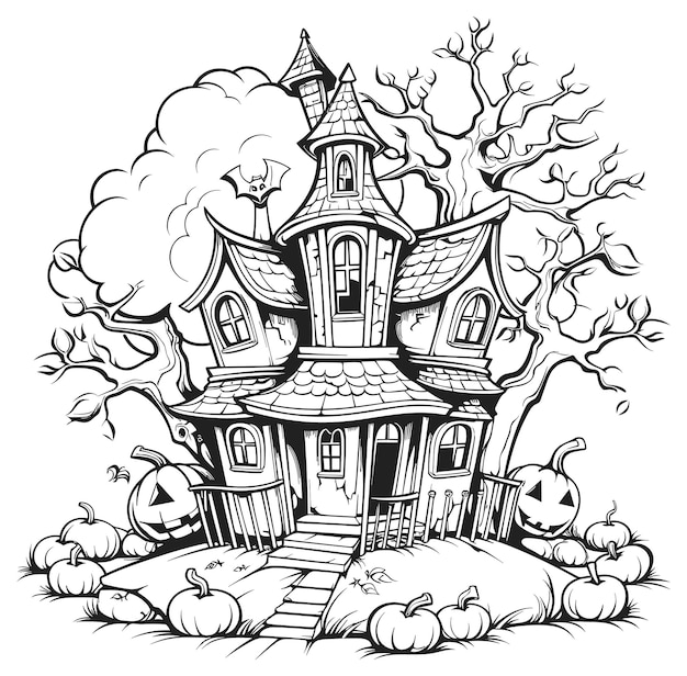 Vector of halloween house outline illustration in black and white coloring