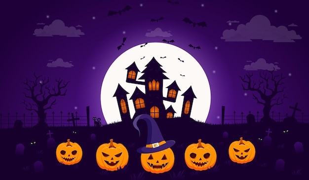 Vector vector halloween illustration with a silhouette of a castle at glowing moon and dead trees