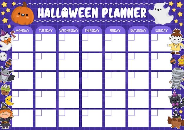 Vector Halloween monthly planner with traditional holiday symbols Cute autumn all saints day calendar or timetable for kids Scary trick or treat poster with cute kawaii witch vampire ghost