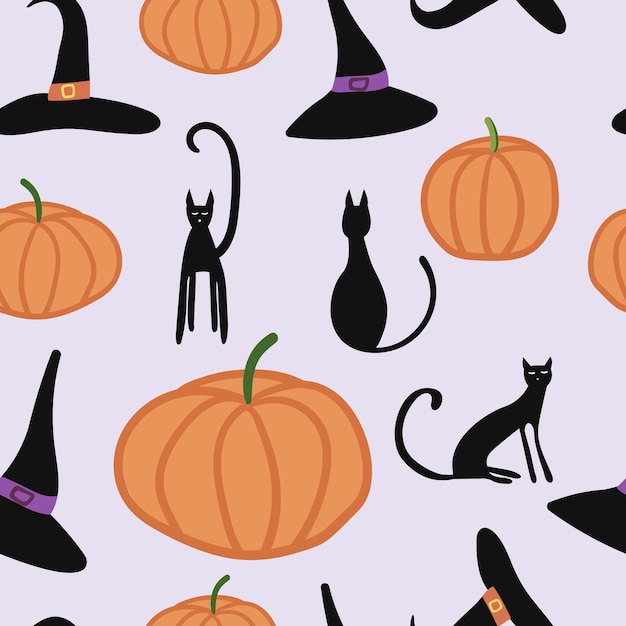 Vector Halloween naadloze patroon zwarte kat pompoen heks hoed ontwerp voor Halloween decor textiel inpakpapier wallpapers sticker wenskaarten